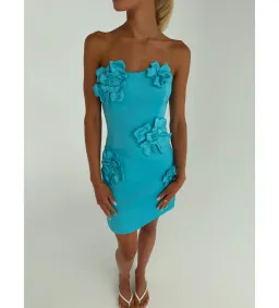 Leo Lin Rosario Petal Bustier Mini Dress in Aqua Size 8 for rent on The Volte - image 3
