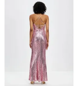 Bariano Stephanie Cowl Draped Sequin Gown Baby Pink Size AU 16  for rent on The Volte - image 3