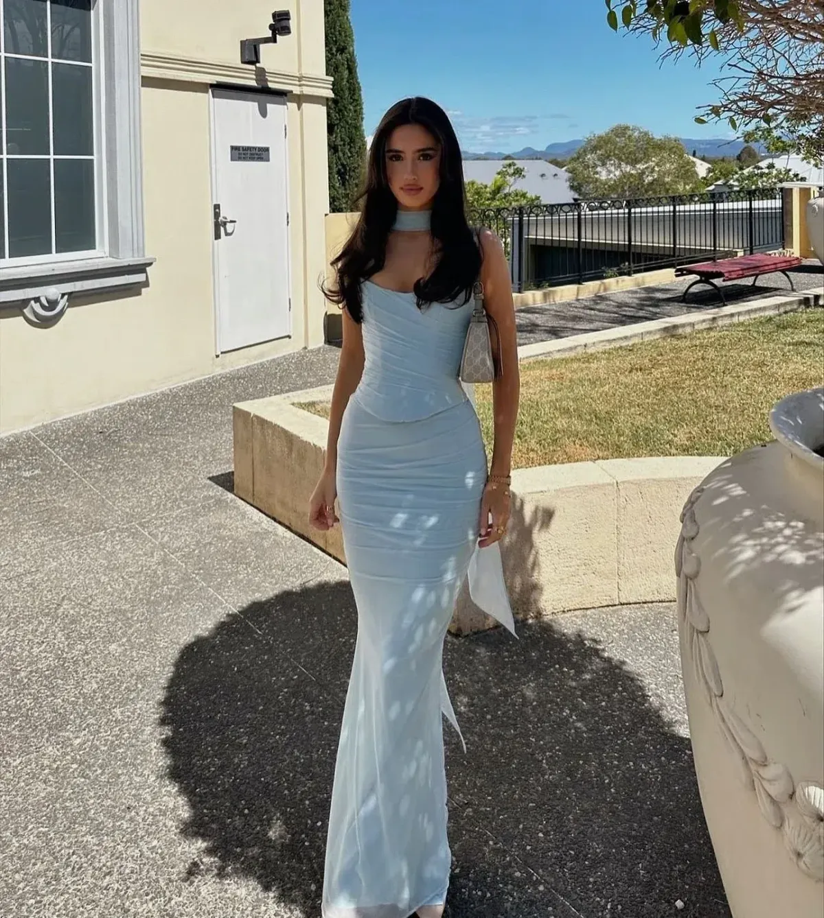 House of CB Hallie Strapless Corset With Neck Scarf and Cassidy Fluted Hem Maxi Skirt Set Bluebell Size M / AU 10 - Image 1
