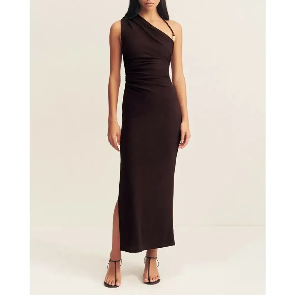 Shona Joy Beau Gathered Asymmetrical Midi Dress Brown Size AU 8 - Image 1