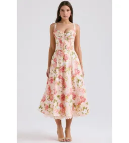 House of CB Rosalee Cotton Bustier Midi Sundress Pink Peony Print Size AU 8 for rent on The Volte - image 1