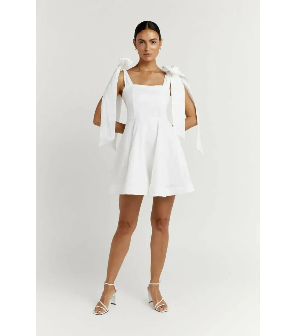 Dissh Aisle Linen Bow Tie Shoulder Mini Dress White Size AU 10  - Image 1