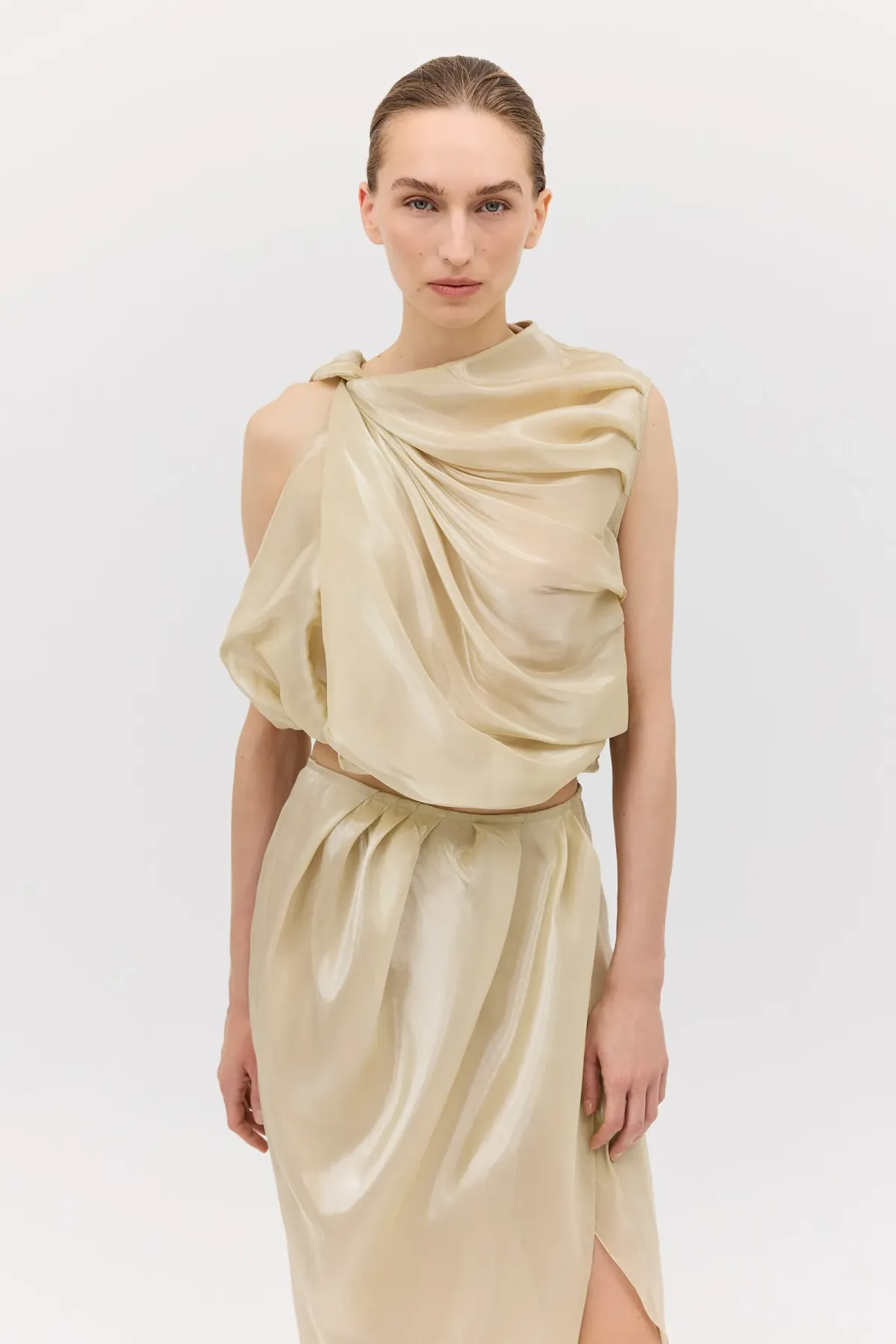 Bianca Spender Champagne Liquid Organza Tumble Top Gold Size 8/S - Image 2