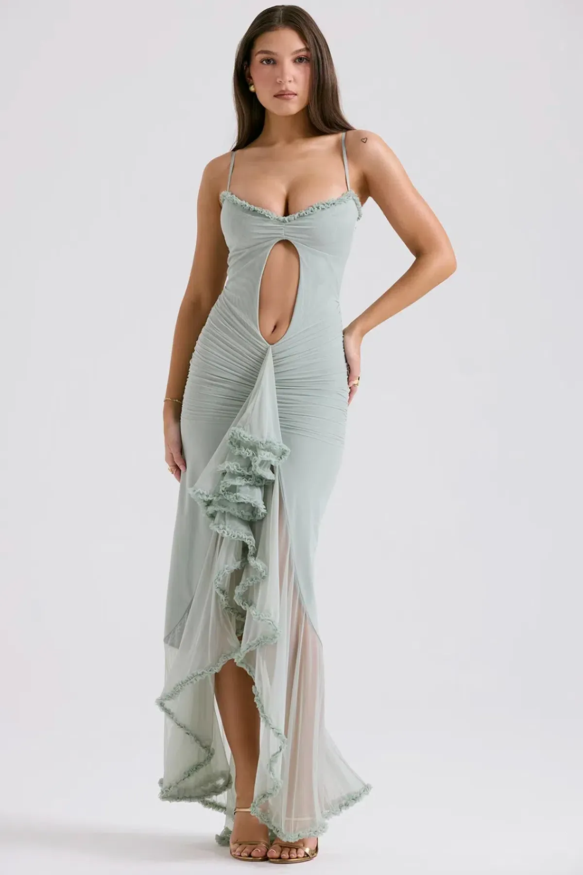 House Of Cb Gabriella Pistachio Ruffled Front Gown Size AU 8 - Image 1