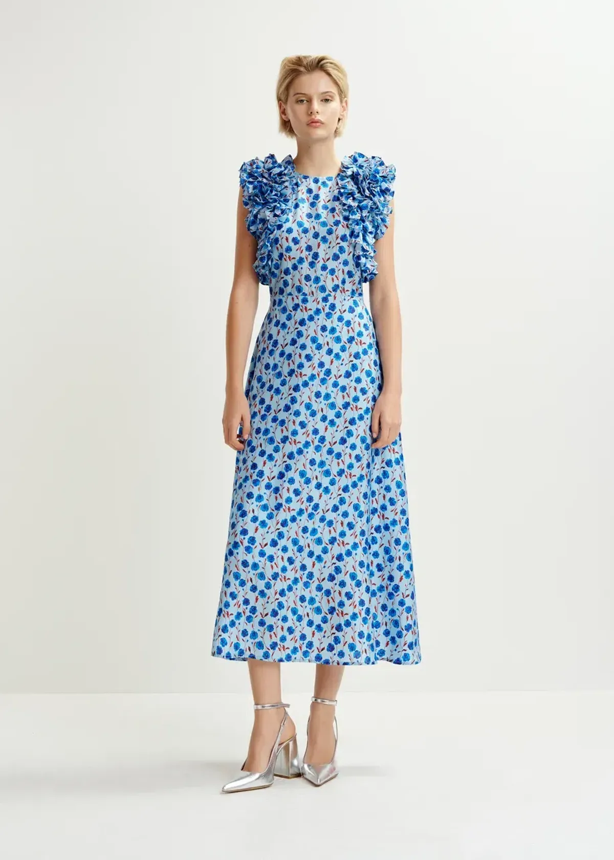Essentiel Antwerp Essentiel Silk Print Ruffle Midi Dress in Blue Floral Size 10 - Image 1