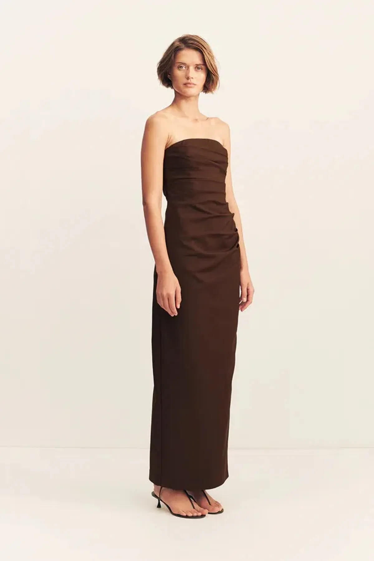 Shona Joy Lani Strapless Draped Maxi Dress Espresso Size AU 14 - Image 2
