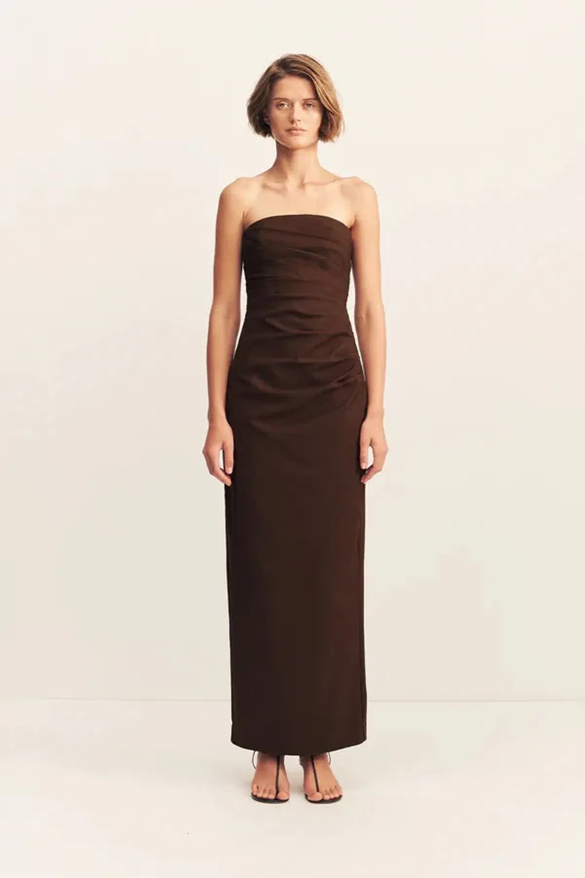 Shona Joy Lani Strapless Draped Maxi Dress Espresso Size AU 14 - Image 1