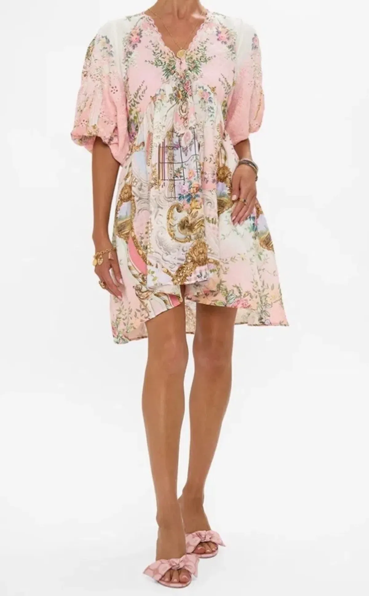 Camilla V Neck Puff Sleeve Short Dress Lisbon Lullaby Size S (10)  - Image 1