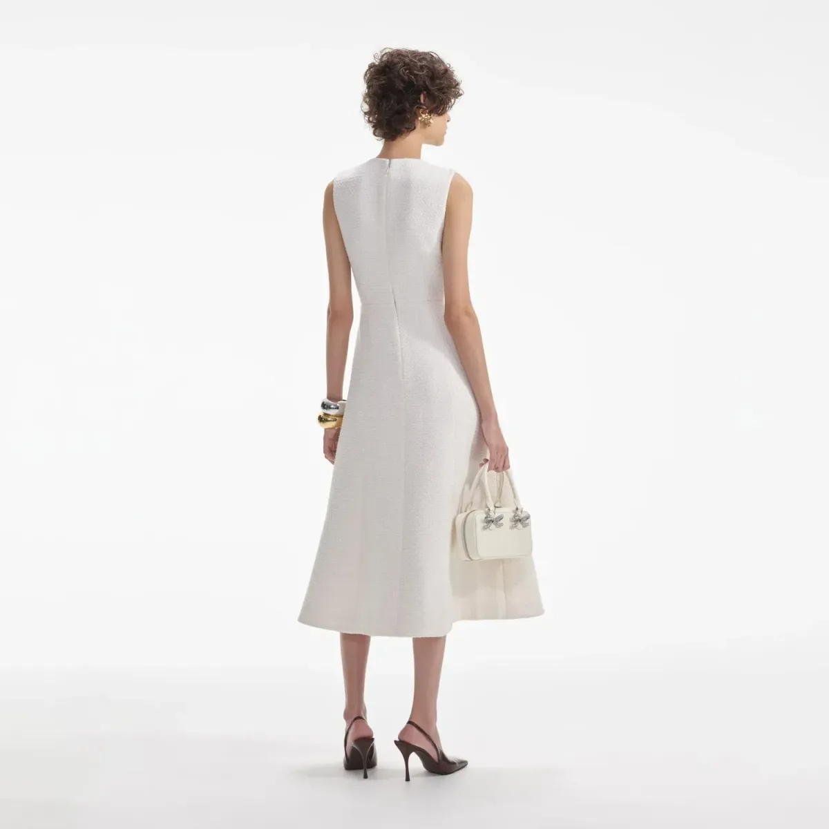 Self-Portrait Cream Tinsel Boucle Buttoned Midi Dress Size 10 - Image 3