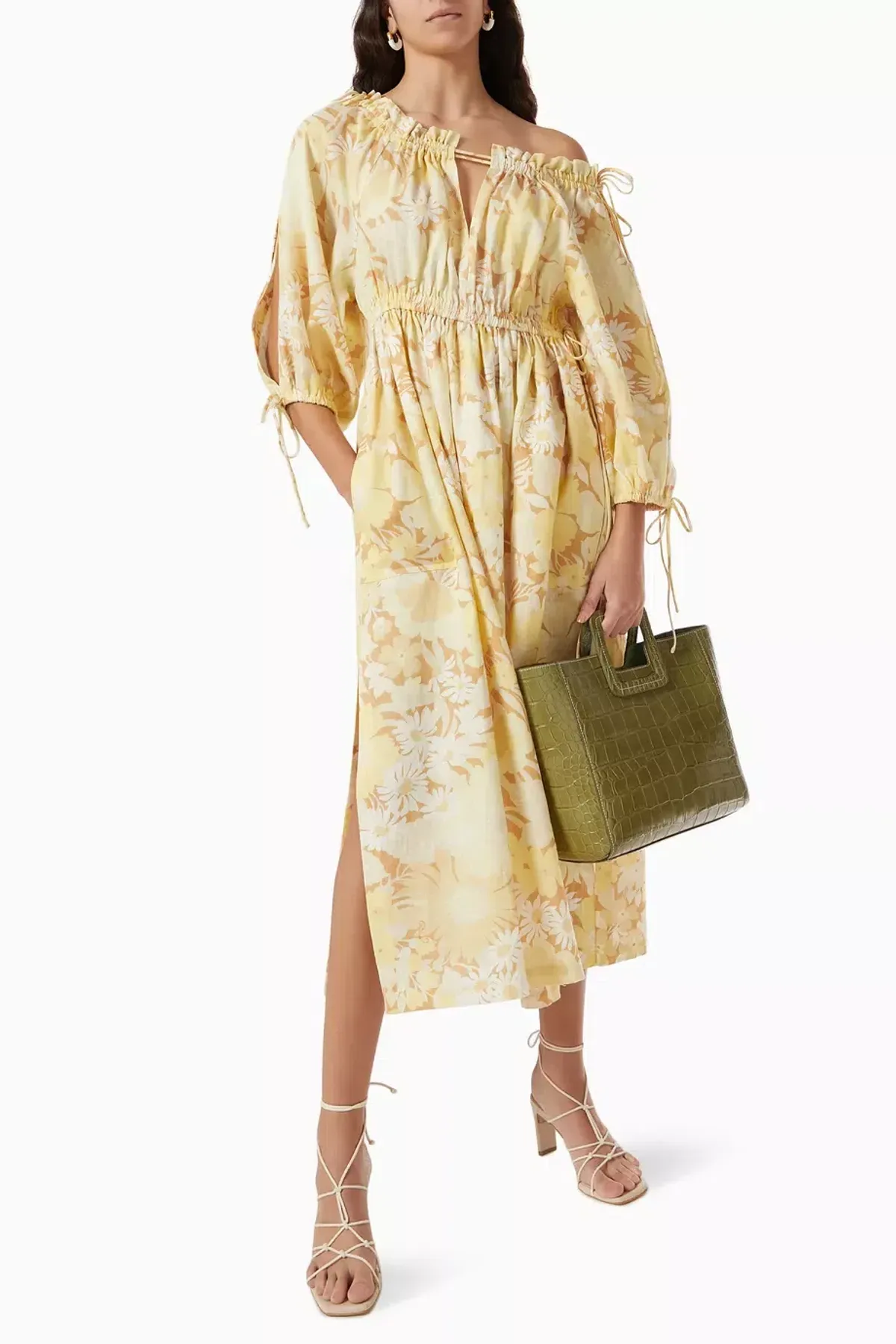 Oroton Garden Floral Midi Linen Dress In Sugarcane Size 6 - Image 1