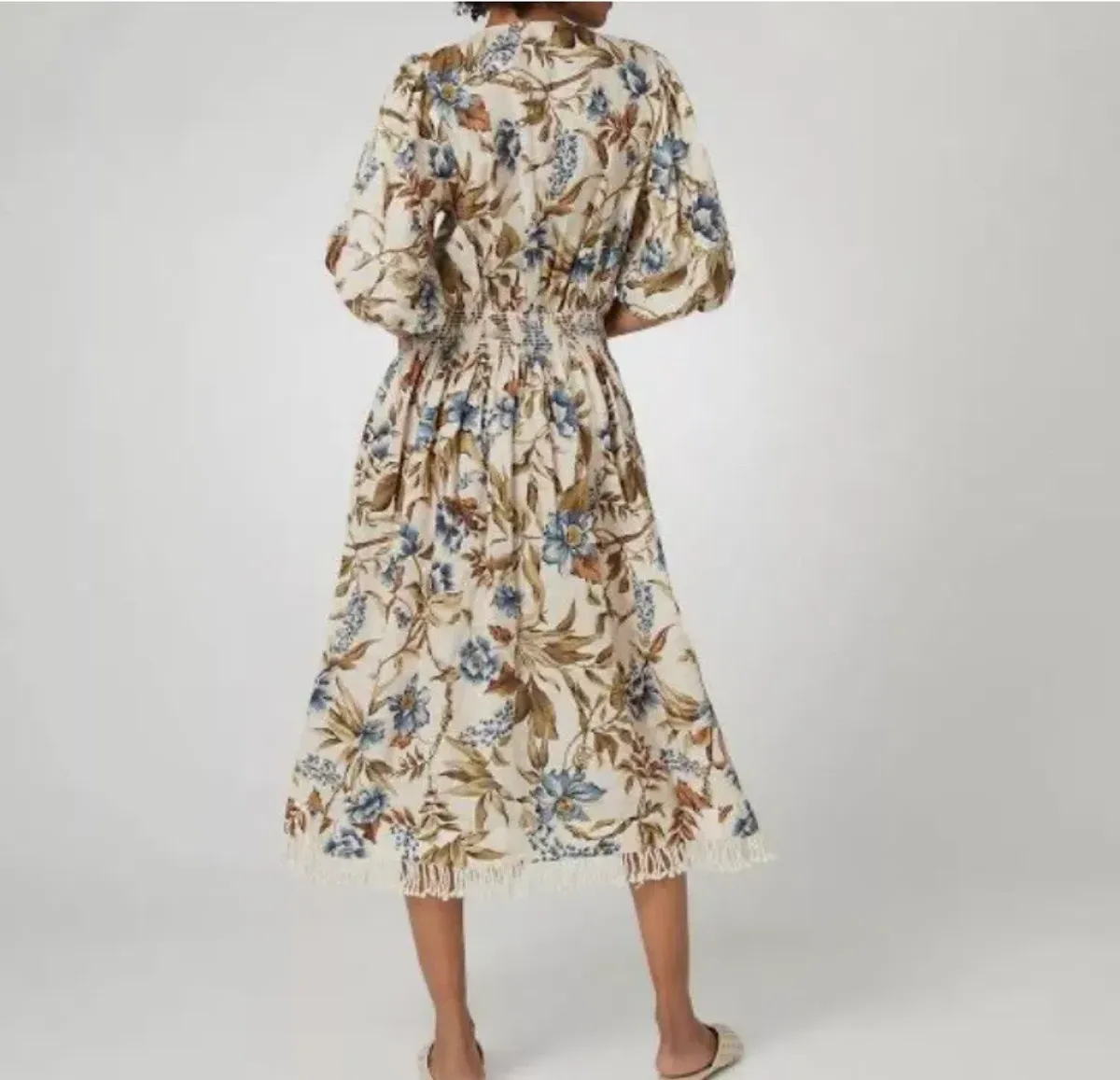 Zimmermann Aliane Shirred Waist Linen Midi Dress Blue Floral Size 2 / AU 12 - Image 2