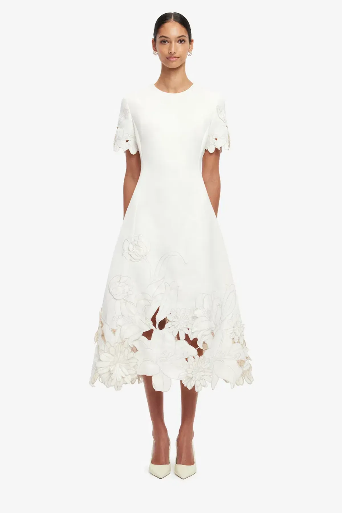  Leo Lin Caroline Applique Short Sleeve Midi Dress Ivory Size 10 - Image 1
