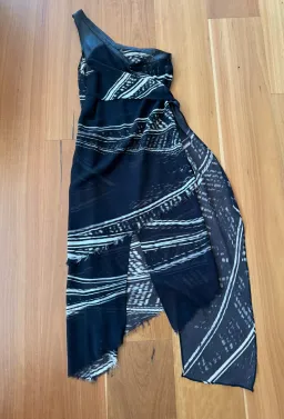 Kimberly Ovitz Leather Trim Knee-Length Dress Black Print Size US 4 AU 8 for rent on The Volte - image 2