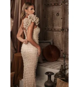 Gold Couture Hana Pearl & Swarovski Beaded Ruffle Shoulder Gown Gold Size AU 12 for rent on The Volte - image 4