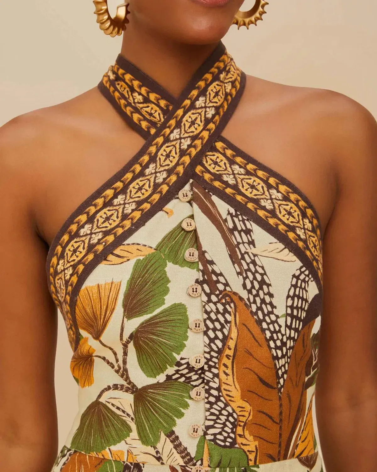 Farm Rio Sand Foliage Sketch Halter Neck Linen Mini Dress Size M - Image 3