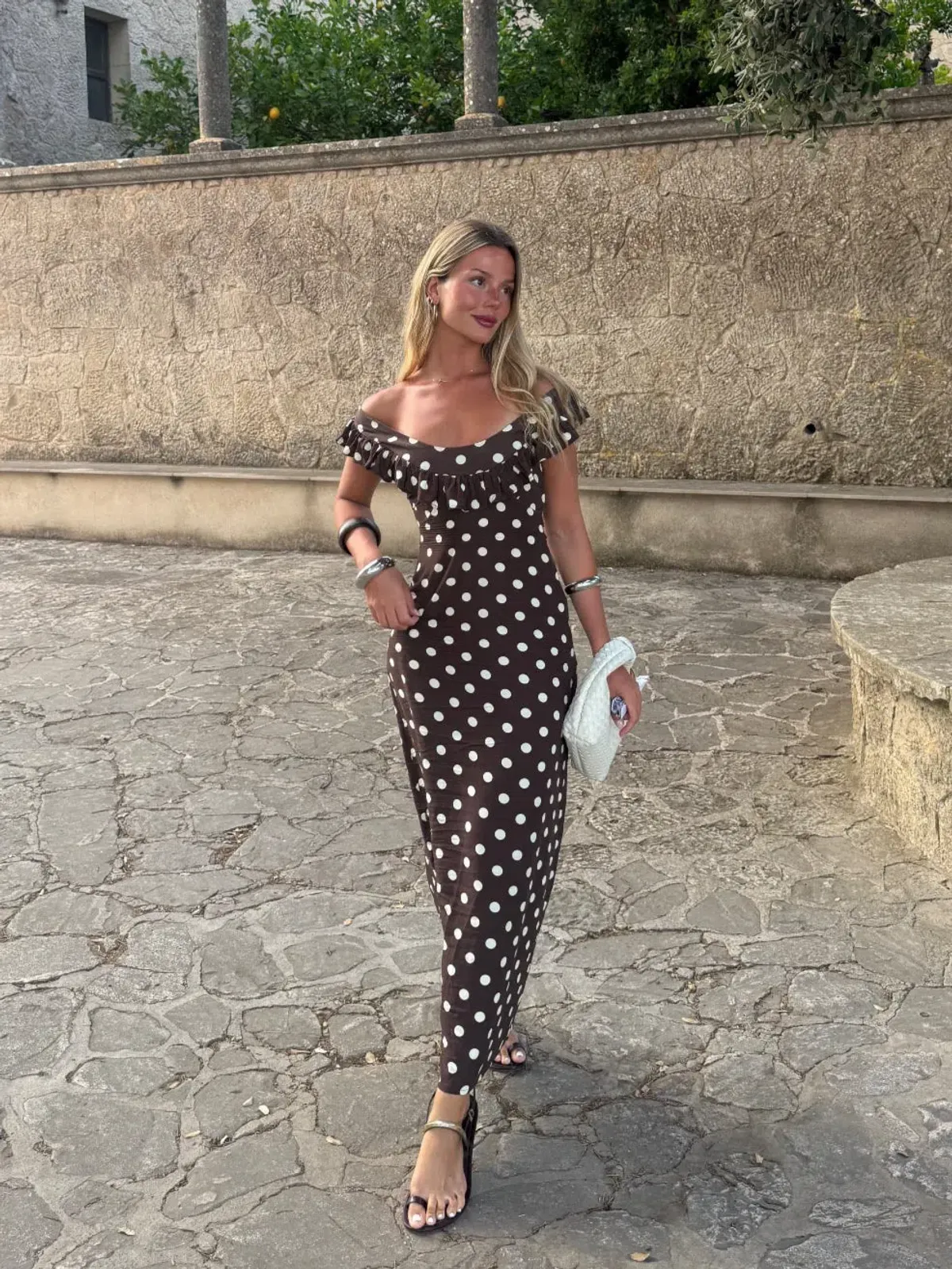 Design By Si Luna Maxi Dress in Brown/Yellow Polka Dot Size AU10 - Image 1