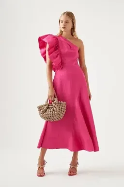 Aje Bonjour Asymmetric Midi Dress Fushsia Size 14 for rent on The Volte - image 1