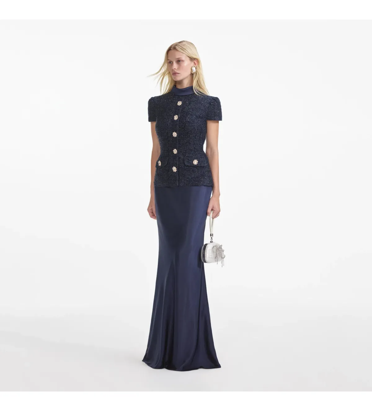 Self Portrait Boucle Maxi Dress Navy Metallic Size S/AU 8 - Image 2