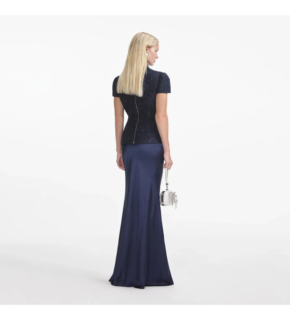 Self Portrait Boucle Maxi Dress Navy Metallic Size S/AU 8 - Image 3
