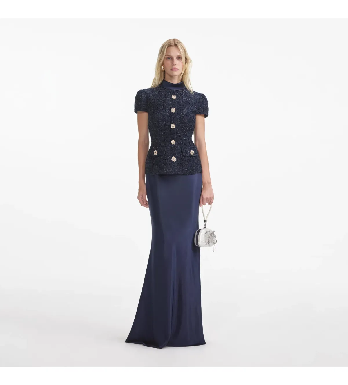 Self Portrait Boucle Maxi Dress Navy Metallic Size S/AU 8 - Image 1