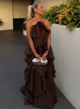 Aje Pandorea Layered Maxi Dress in Carob Size AU 12 for rent on The Volte - image 1