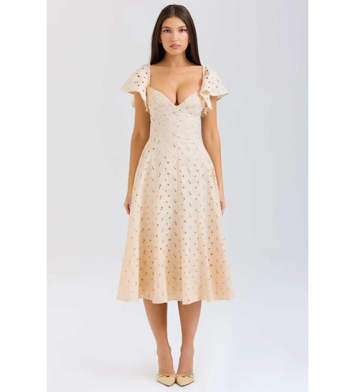 House of CB Amaya Midi Dress in Cream Tea Broderie Anglais Size L/AU12 - Image 1