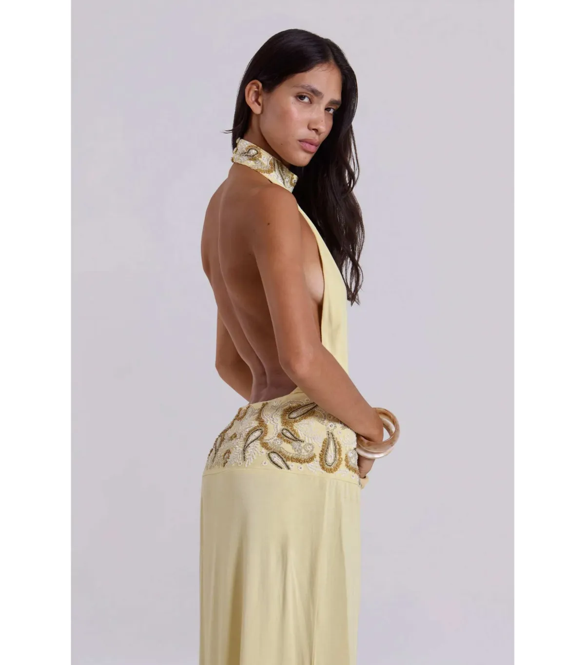 Jaded London Darya Hand Beaded Backless Maxi Dress in Butter Size AU 6 - Image 2