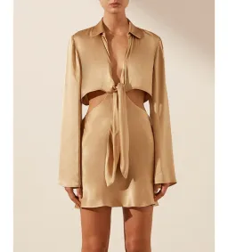 Shona Joy Oliviera Long Sleeve Tie Front Mini Dress in Gold Size 14 for rent on The Volte - image 6