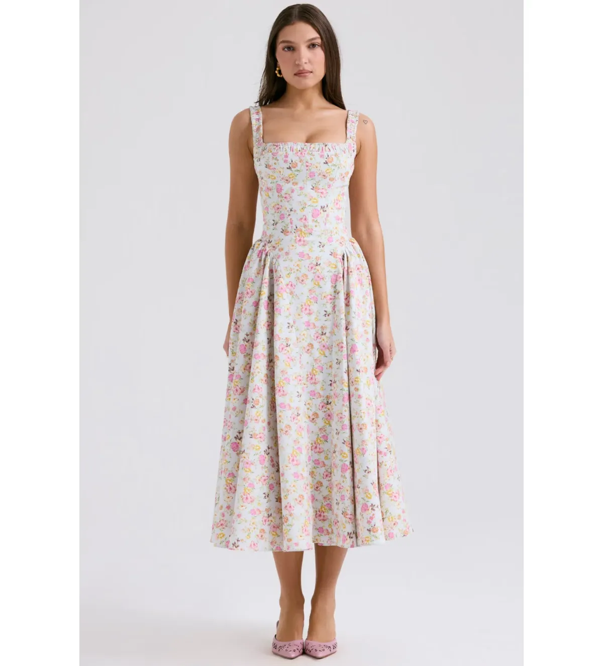 House of CB Dorothy Midi Dress Pale Blue Meadow Print Cotton Size XS/AU 6 - Image 2