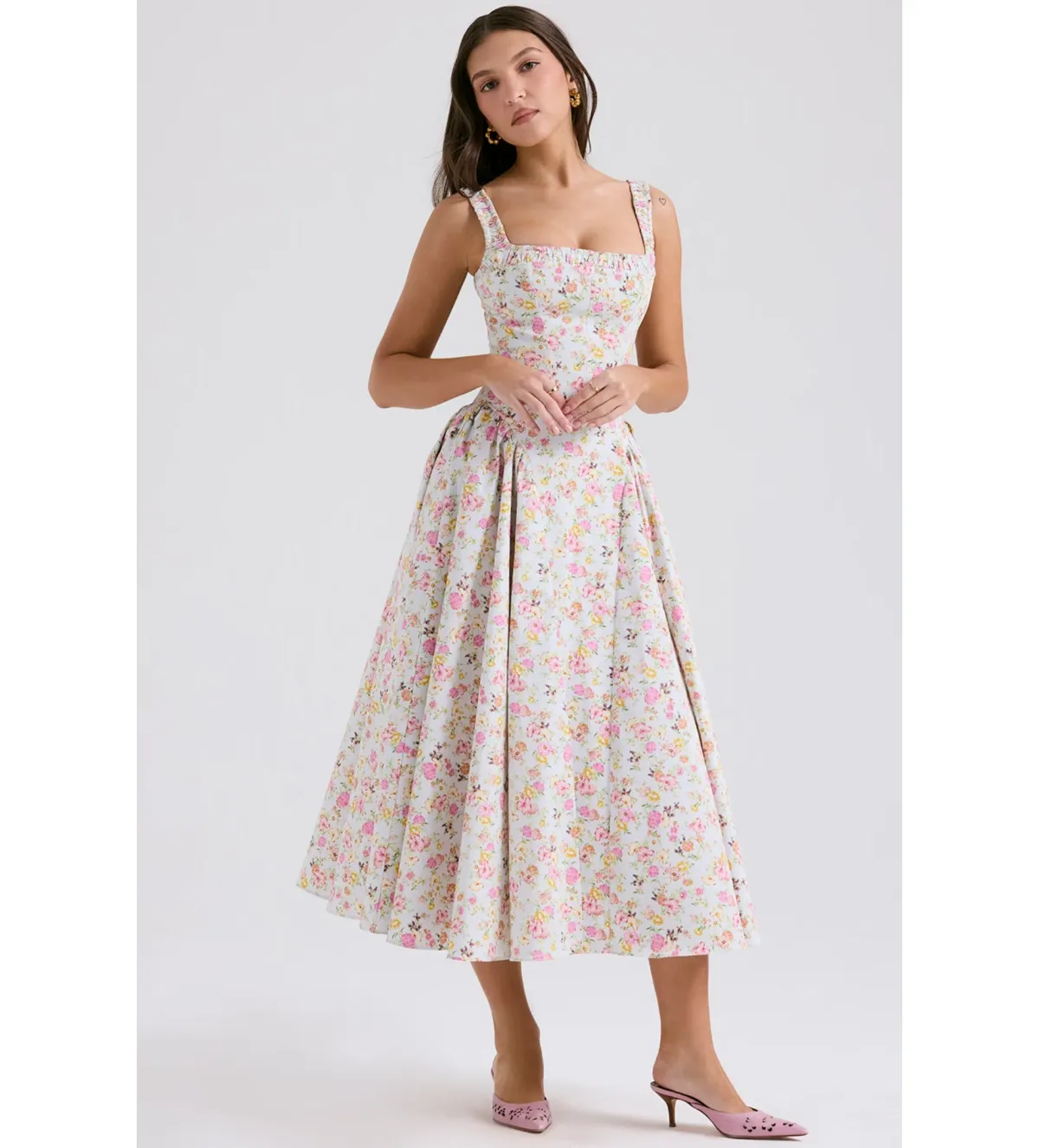House of CB Dorothy Midi Dress Pale Blue Meadow Print Cotton Size XS/AU 6 - Image 1
