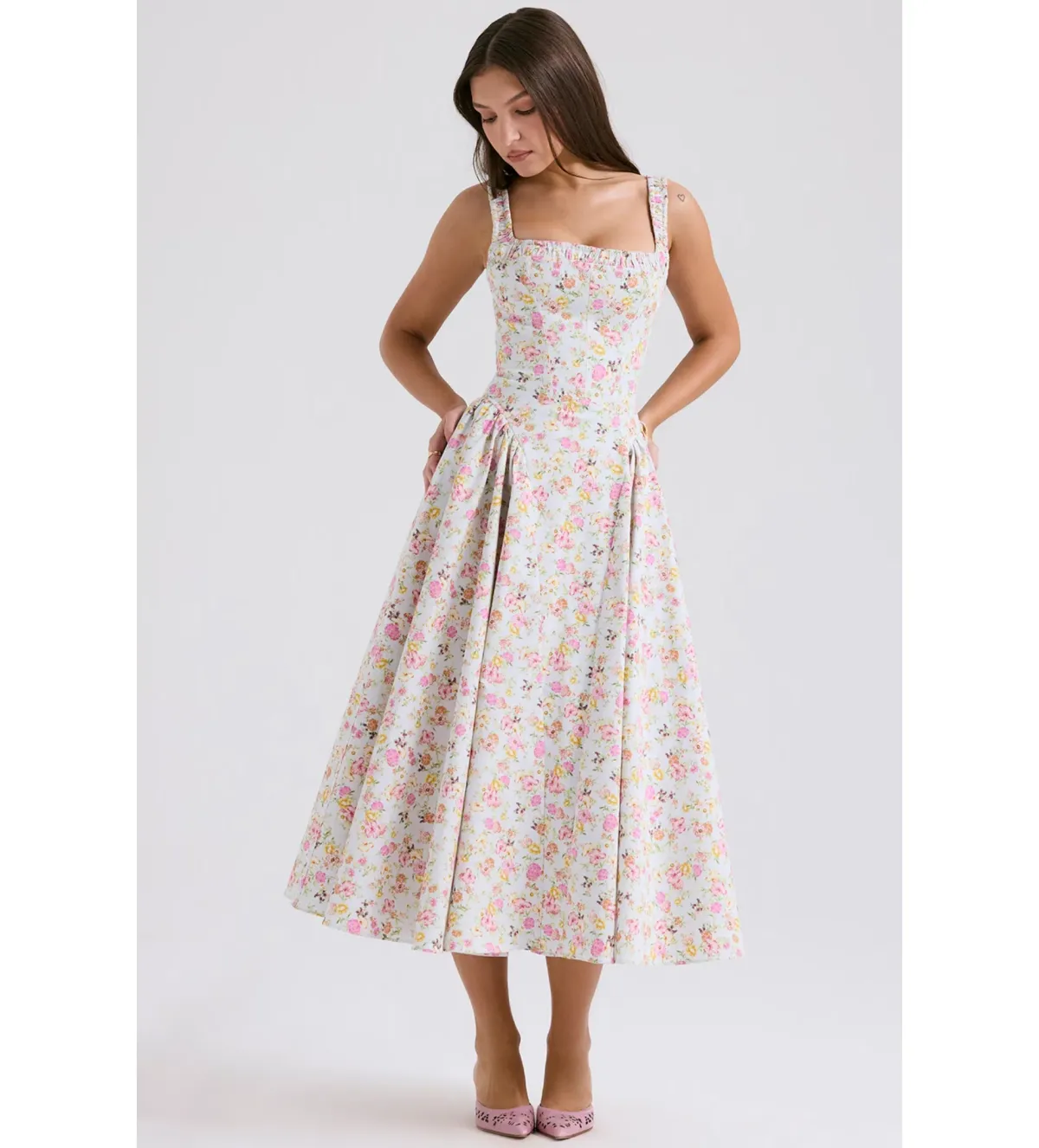 House of CB Dorothy Midi Dress Pale Blue Meadow Print Cotton Size XS/AU 6 - Image 3