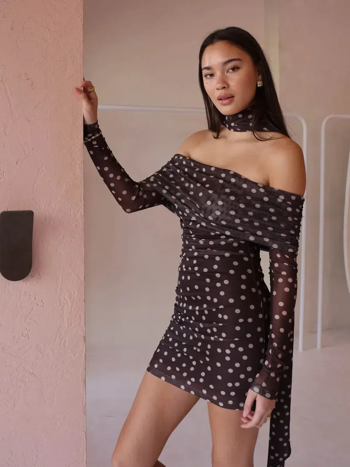 By Nicola By Nicola Boston Mini Dress Chocolate Polka Size 8 - Image 2