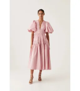 Aje Fallingwater Gathered Midi Dress Chalk Pink Size AU 6 for rent on The Volte - image 1