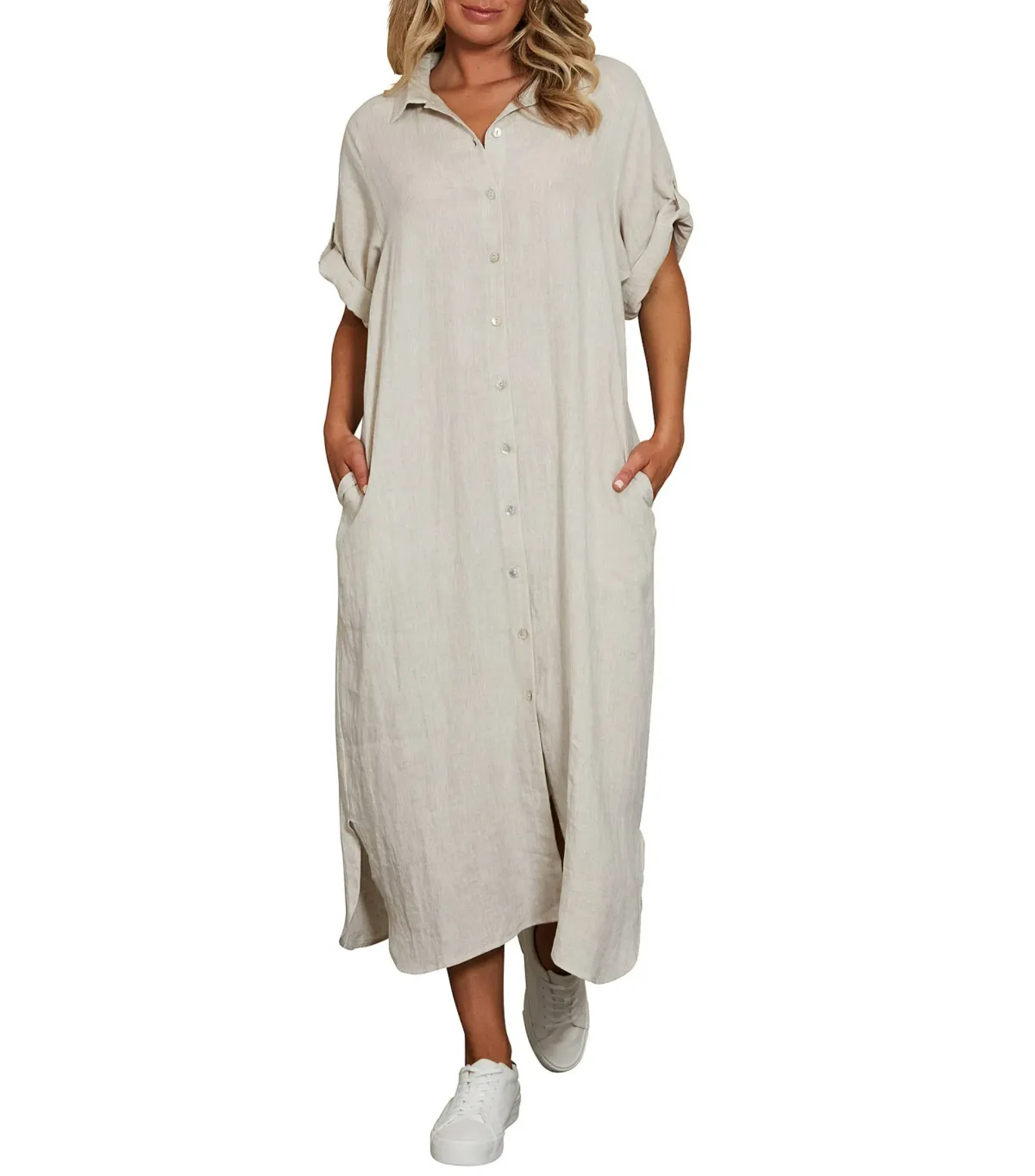 Eb And Ive Short Tab Sleeve Linen Studio Midi Shirt Dress Tusk Size M / AU 10 - Image 2