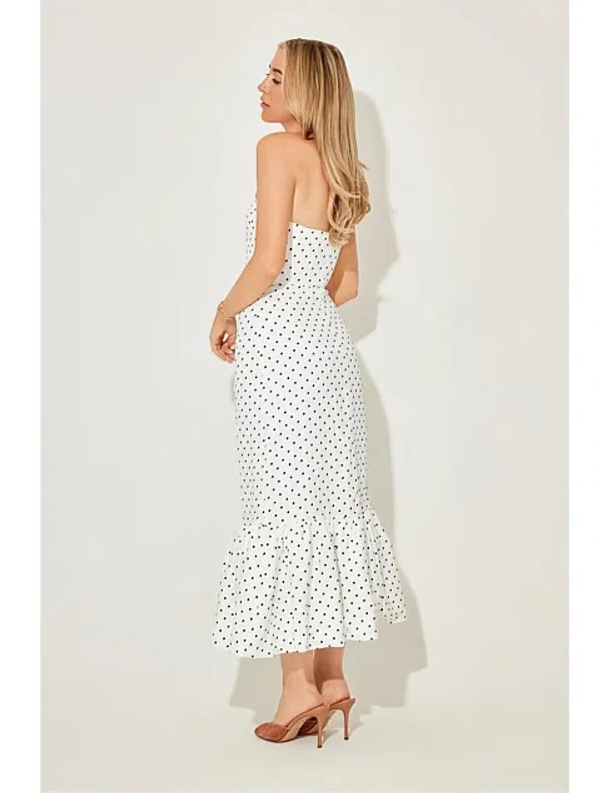 Odd Muse Strapless Peplum Midi Dress in White Polka Dot Size M/AU10 - Image 2