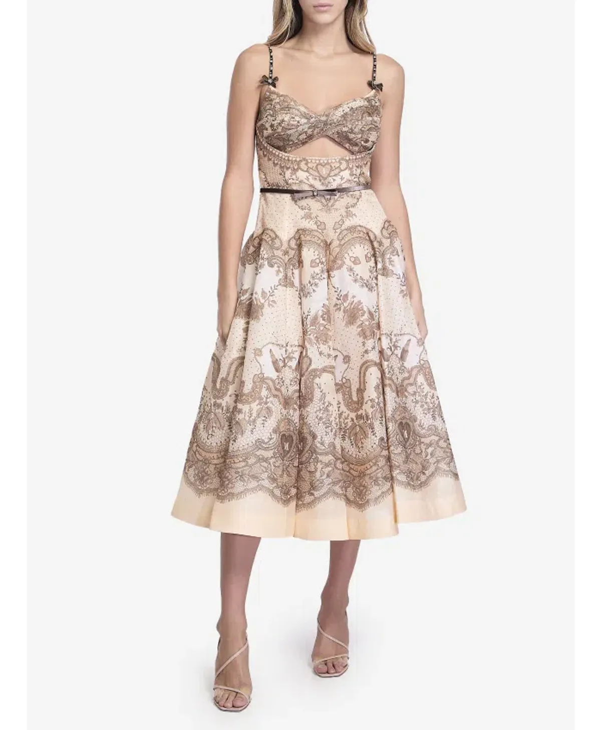 Zimmermann Crush Twist Front Midi Dress in Peach Lace Print Size0/AU8 - Image 1