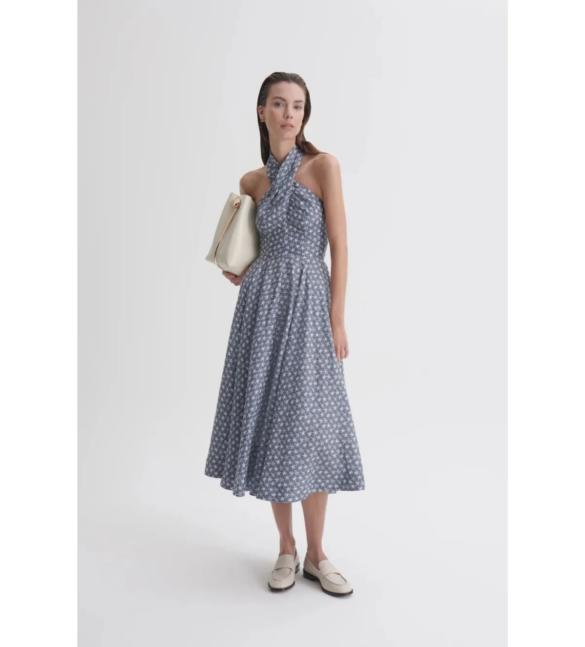 Scanlan Theodore Linen Printed Halter Midi Dress Blue White Size AU 6 - Image 3