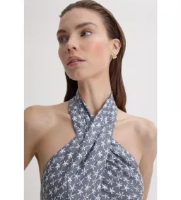 Scanlan Theodore Linen Printed Halter Midi Dress Blue White Size AU 6 for rent on The Volte - image 7