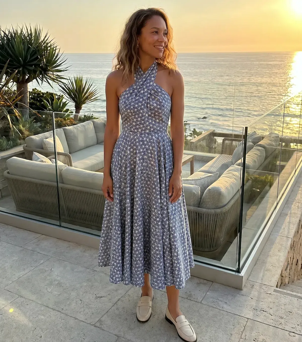 Scanlan Theodore Linen Printed Halter Midi Dress Blue White Size AU 6 - Image 2