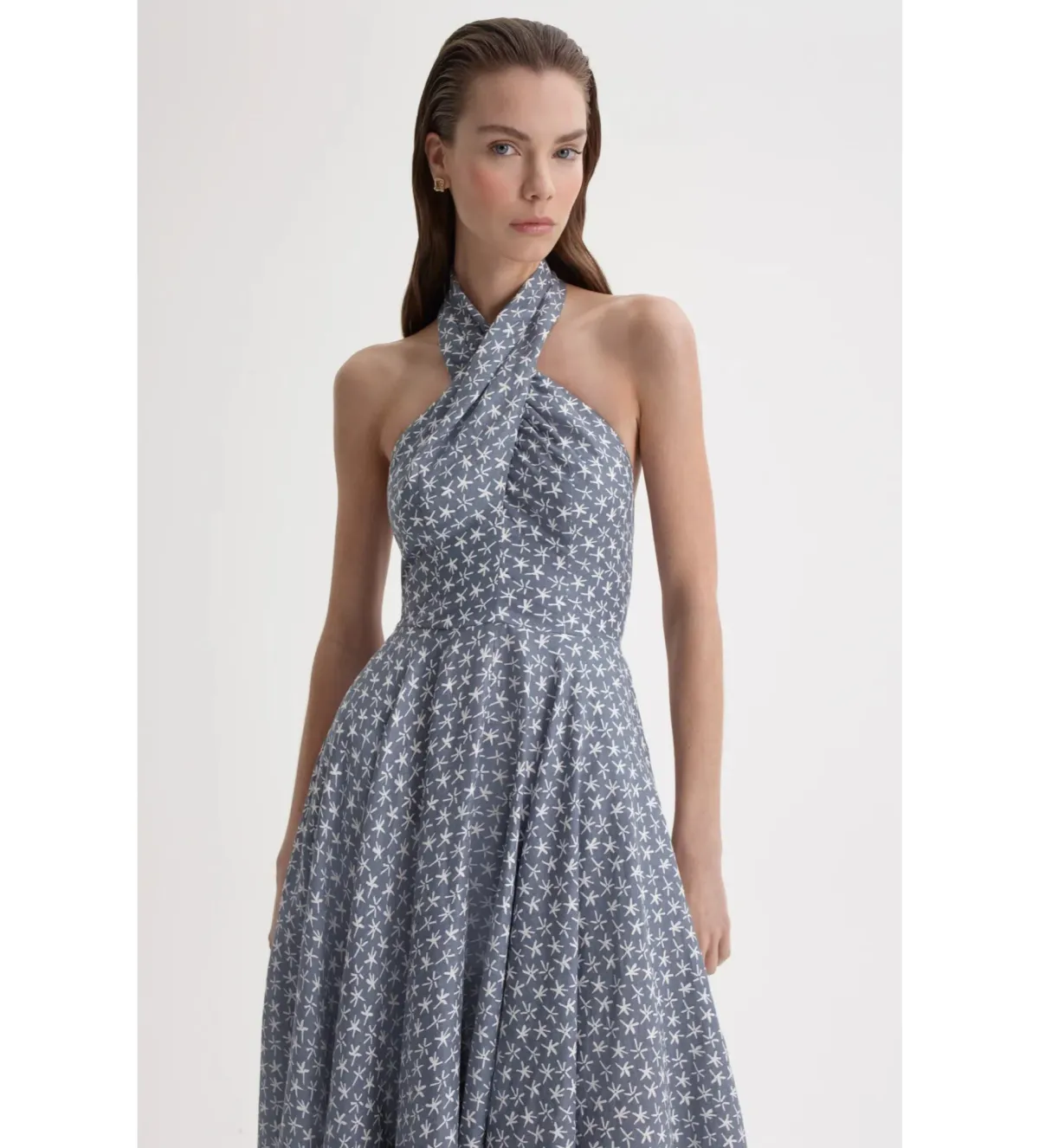 Scanlan Theodore Linen Printed Halter Midi Dress Blue White Size AU 6 - Image 8