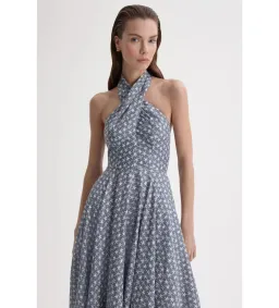 Scanlan Theodore Linen Printed Halter Midi Dress Blue White Size AU 6 for rent on The Volte - image 8