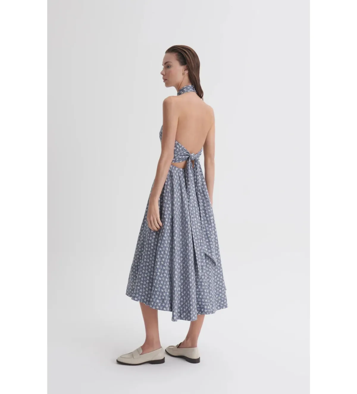 Scanlan Theodore Linen Printed Halter Midi Dress Blue White Size AU 6 - Image 5