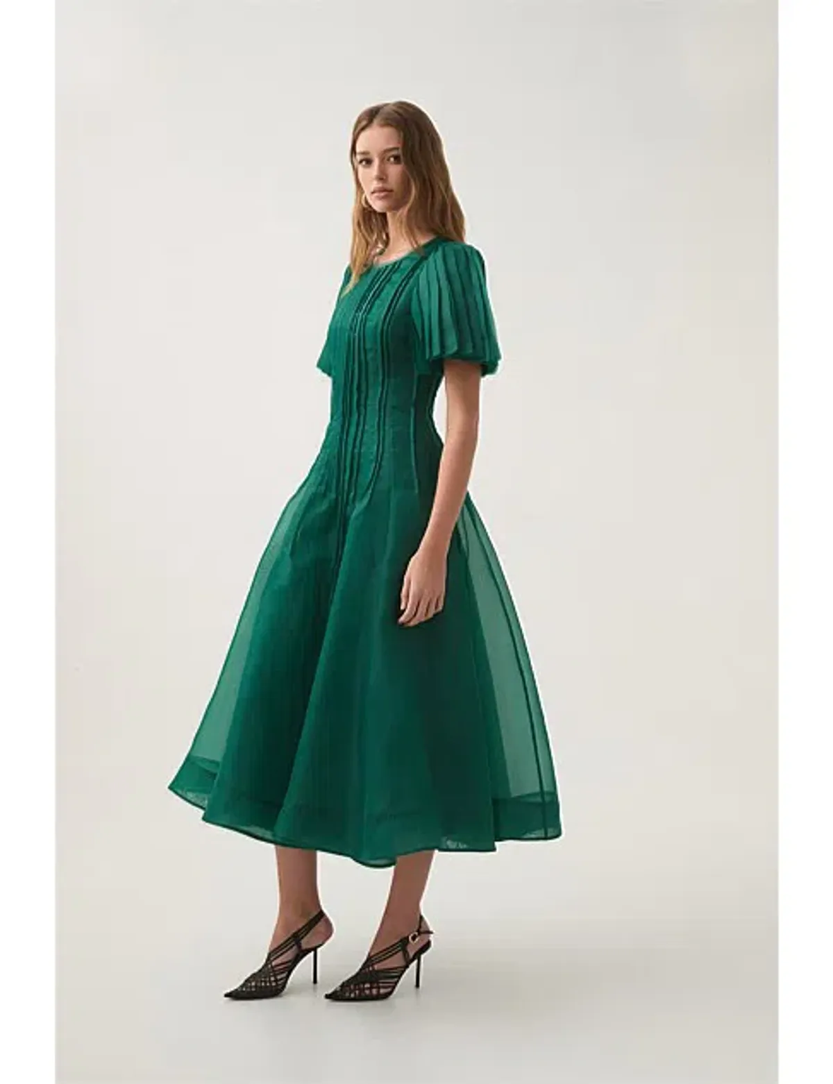 Aje Nova Pleated Midi Dress Emerald Green Size 16 - Image 3