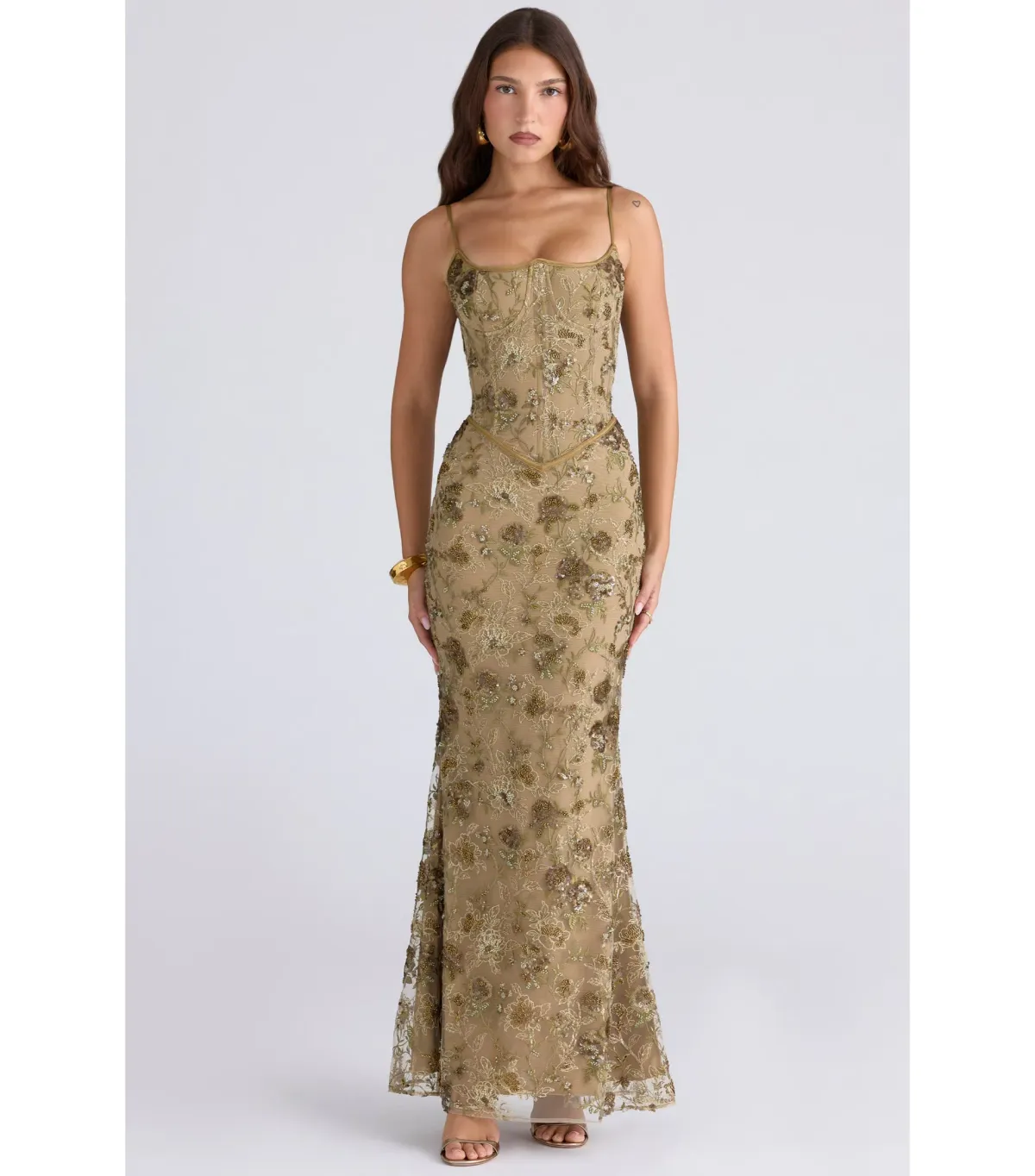 House Of CB Naima Hand Beaded Embellished Corset Maxi Dress Olive Bronze Size AU 8 - Image 1
