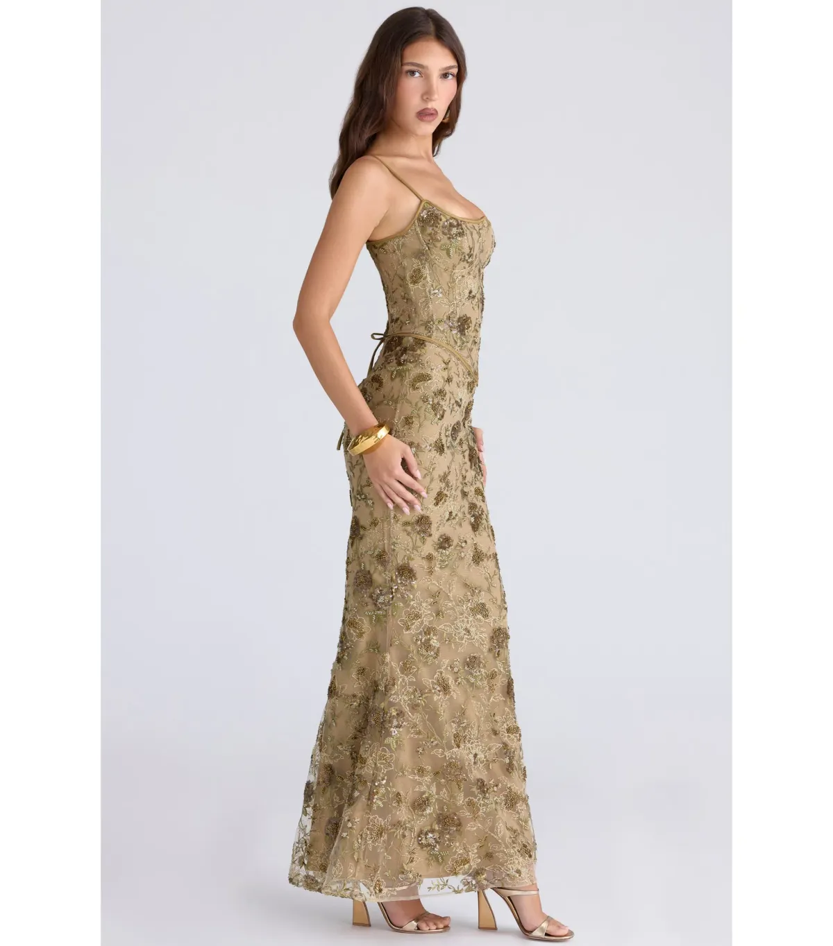 House Of CB Naima Hand Beaded Embellished Corset Maxi Dress Olive Bronze Size AU 8 - Image 3