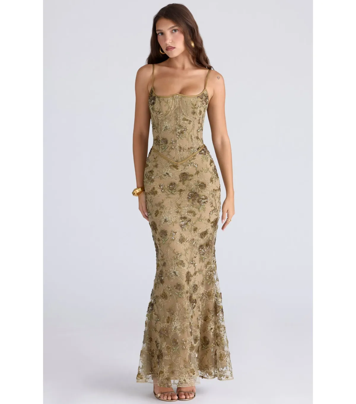 House Of CB Naima Hand Beaded Embellished Corset Maxi Dress Olive Bronze Size AU 8 - Image 2