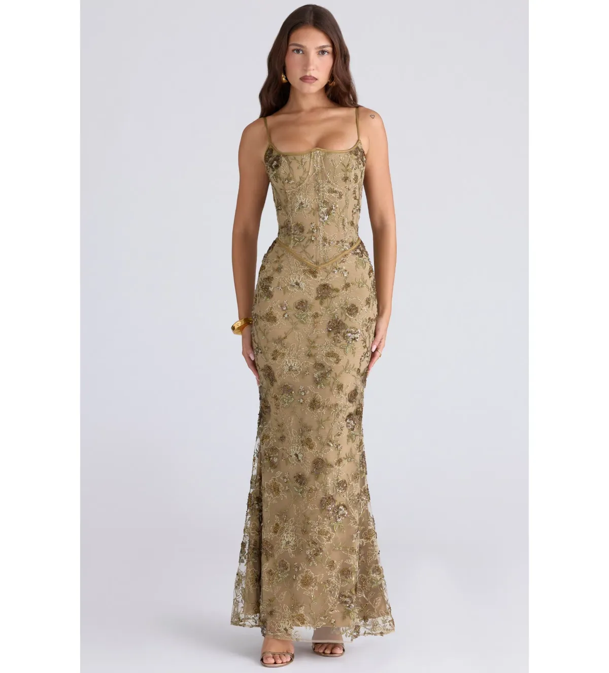 House of CB Naima Olive Bronze Hand Beaded Embellished Corset Maxi Dress Size M/Au 10  - Image 1