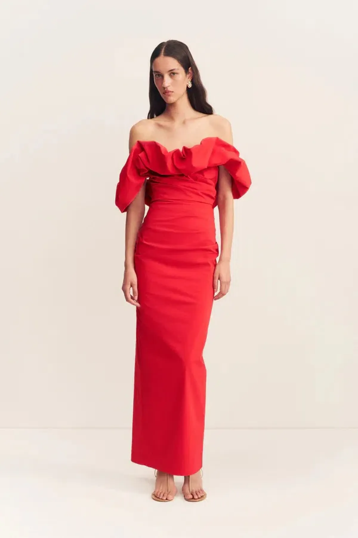 Shona Joy Campbell Off Shoulder Bubble Maxi Dress Goji Size AU 10 - Image 1