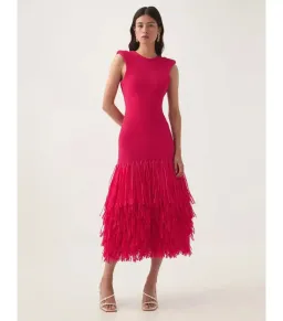 Aje Rushes Raffia Knit Midi Dress Deep Fuschia Size AU 8  for rent on The Volte - image 1