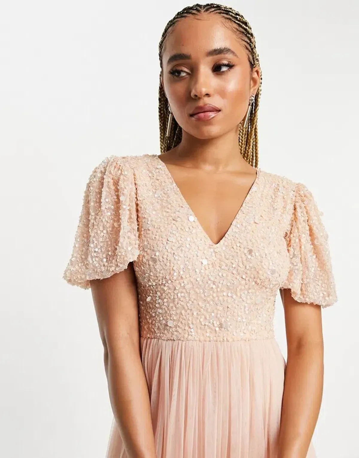 Beauut Bridesmaid Sequin Embellished Maxi Dress with Tulle skirt in pink - Image 3